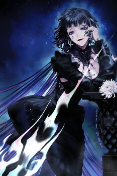 1girl absurdres armrest black_dress black_hair breasts cleavage dress enfer_(path_to_nowhere) ggnwawa hand_on_own_face highres kekkingu leaning_forward long_hair long_sleeves path_to_nowhere solo standing very_long_hair