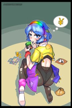 1girl ability_card_(touhou) absurdres ass back_cutout bag black_border black_leotard black_pantyhose blue_eyes blue_hair blue_nails border closed_mouth clothing_cutout food full_body hairband highres holding_calculator leotard looking_back onigiri open_clothes outline pantyhose patchwork_clothes pile_of_coins rainbow_earrings rainbow_hairband shoes short_sleeves single_bare_foot sitting sleepymoon solo speech_bubble tenkyuu_chimata thought_bubble touhou wariza white_outline white_shoes yen_sign zipper
