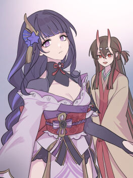 2boys 2girls asymmetrical_sleeves black_sash blue_pupils blunt_bangs braid breasts bridal_gauntlets brown_hair chiyo_(genshin_impact) cleavage closed_mouth clothing_cutout collarbone commentary_request fan_hair_ornament flower flower_ornament bad_tag genshin_impact gradient_background hair_ornament happy headphones horns japanese_clothes kimono large_breasts lingerie long_braid long_hair long_sleeves looking_at_viewer mole mole_under_mouth momonga_damon multicolored_eyes multicolored_hair multiple_boys multiple_girls neck_ribbon off_shoulder open_mouth parted_lips purple_eyes purple_flower purple_hair purple_kimono raiden_shogun red_eyes red_skirt ribbon sash shade shoulder_cutout single_braid skirt smile standing streaked_hair teeth underwear uneven_sleeves