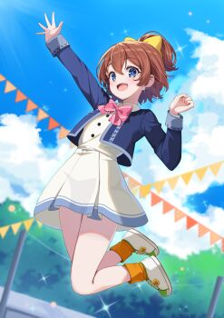 1girl :d absurdres arm_up blue_eyes blue_jacket blue_sky blush bow brown_hair cloud commentary commission day dress fang full_body hair_between_eyes hair_bow high_ponytail highres hinata_chinatsu ikazu401 jacket jumping long_sleeves ongeki open_clothes open_jacket open_mouth orange_socks outdoors outstretched_arm pennant pink_bow pixiv_commission pleated_dress ponytail shoes sky smile socks solo string_of_flags white_dress white_shoes yellow_bow