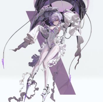 1girl ahoge arm_up armored_footwear armored_shoes breasts character_name clothes_writing covered_navel crossed_bangs detached_sleeves dore_(gilles_dore) frills full_body goddess_of_victory:_nikke hair_between_eyes hair_intakes highres leotard liberalio_(nikke) medium_breasts pantyhose purple_hair red_eyes short_hair simple_background sleeves_past_fingers sleeves_past_wrists solo white_leotard white_pantyhose