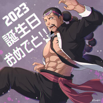 Rule 34 | 1boy, bare pectorals, black hair, black necktie, black pants, black shirt, braid, commentary request, earrings, eyewear on head, facial hair, foxvulpine, fu manchu (mustache), highres, jabra (one piece), jewelry, long braid, long mustache, looking at viewer, male focus, mature male, muscular, muscular male, mustache, necktie, nipples, one piece, open clothes, open mouth, open shirt, pants, pectorals, purple background, scar, scar across eye, scar on face, shirt, sideburns, solo, tongue, tongue out, twitter username