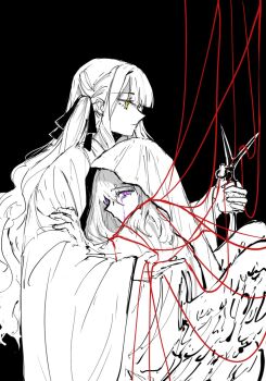 Rule 34 | 2girls, bang dream!, bang dream! it's mygo!!!!!, colored tears, cutting, feathered wings, greyscale, hair ribbon, highres, holding, holding scissors, misumi uika, monochrome, multiple girls, pankoryo, purple eyes, ribbon, robe, scissors, spot color, tears, togawa sakiko, two side up, wings, yellow eyes