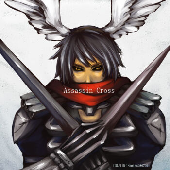 1boy armor artist_name assassin_cross_(ragnarok_online) black_hair black_shirt commentary_request dual_wielding feathered_wings head_wings holding holding_sword holding_weapon looking_at_viewer male_focus namina_(ugetsu_kitsune) orange_eyes pauldrons ragnarok_online red_scarf scarf shirt short_hair shoulder_armor simple_background solo sword upper_body vambraces weapon white_background white_wings wings
