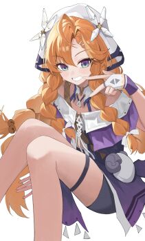 1girl absurdres aqua_eyes bare_shoulders black_shorts braid bridal_gauntlets commentary_request feet_out_of_frame grin hand_up highres jacket long_hair lunlun_exe orange_hair purple_jacket shorts sigrika_(wuthering_waves) simple_background sitting smile solo thigh_strap veil w white_background white_bridal_gauntlets white_veil wuthering_waves