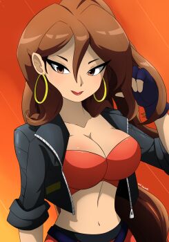 1girl 2018 adjusting_hair arm_at_side artist_name bandeau black_gloves black_jacket blaze_fielding breasts brown_eyes brown_hair closed_mouth collarbone commentary earrings english_commentary female_focus fingerless_gloves gloves gradient_background hair_between_eyes half-closed_eyes highres hoop_earrings jacket jewelry kenjikanzaki05 large_breasts long_eyelashes long_hair looking_at_viewer navel open_clothes open_jacket red_lips red_skirt simple_background skirt smile solo streets_of_rage streets_of_rage_4 upper_body v-shaped_eyebrows