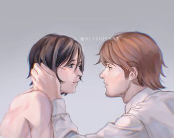 1boy 1girl affair alternate_costume alysius_art artist_name bad_tag beard betrayal black_hair brown_eyes brown_hair cheating_(relationship) commentary crying crying_with_eyes_open english_commentary facial_hair highres jean_kirstein long_sleeves looking_at_another mikasa_ackerman out_of_character shingeki_no_kyojin shirt short_hair tears teeth white_shirt