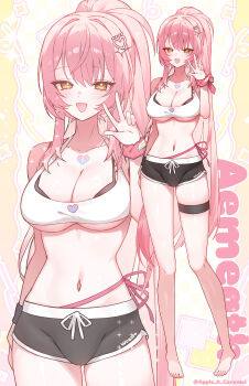 1girl aemeath_(wuthering_waves) alternate_costume apple_caramel barefoot black_shorts breasts character_name cleavage collarbone commentary english_commentary hair_ornament hand_up heart heart_hair_ornament highres large_breasts long_hair looking_at_viewer navel open_mouth orange_eyes pink_hair ponytail shorts smile solo stomach tacet_mark_(wuthering_waves) thigh_strap toes w wuthering_waves zoom_layer