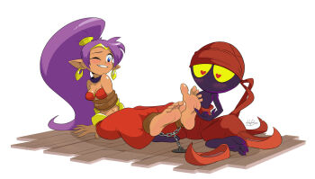 1boy 1girl barefoot chain wooden_floor hetero one_eye_closed pants purple_hair red_pants shantae shantae_(series) shoes unworn_shoes soles tickle_torture tickling tinkerbat toes