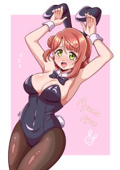 1girl absurdres animal_ear_hairband animal_ears black_bow black_bowtie black_leotard black_pantyhose bow bowtie breasts cleavage commentary detached_collar english_commentary fake_animal_ears green_eyes hair_bun hairband highres jagure111 large_breasts leotard looking_at_viewer love_live! love_live!_nijigasaki_high_school_idol_club medium_hair open_mouth orange_hair pantyhose pink_background playboy_bunny rabbit_ears rabbit_pose rabbit_tail single_side_bun solo strapless strapless_leotard tail uehara_ayumu wrist_cuffs