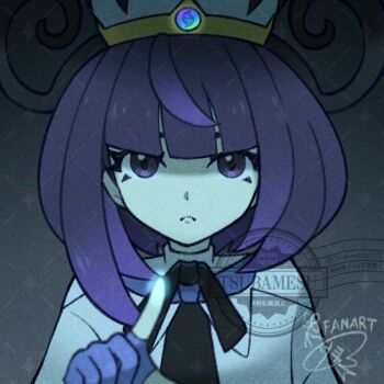 1girl black_dress bob_cut closed_mouth coat commentary dress english_commentary gloves gwynn_(pokemon) hat index_finger_raised looking_at_viewer mixed-language_commentary nintendo open_clothes open_coat partially_fingerless_gloves pokemon pokemon_legends:_z-a purple_eyes purple_hair short_hair solo tsubamesu727 twitter_username upper_body white_coat