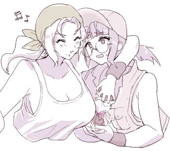 2girls bandana blonde_hair blush breasts brown_eyes brown_hair brown_hat couple field_cap fio_germi green_bandana hat kasamoto_eri long_hair madsensei metal_slug multiple_girls open_mouth round_eyewear sidelocks tank_top white_tank_top wristband yuri