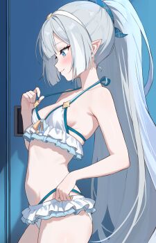 1girl absurdres bikini blue_eyes blush breasts commentary_request cowboy_shot frilled_bikini frills from_side grey_hair halterneck helthbuth highres long_hair pointy_ears ponytail profile small_breasts smile solo stella_sora strap_pull swimsuit tyrant_(stella_sora) very_long_hair white_bikini