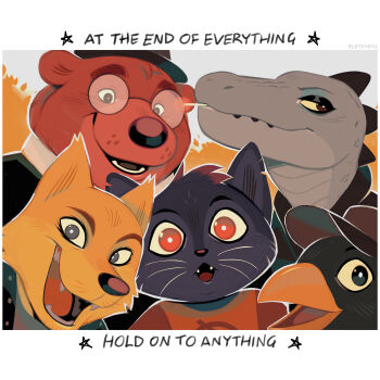 2girls 3boys absurdres angus_delaney animal_ears artist_name bea_santello beak bear_boy bear_ears bird_boy bleydhdu brown_hat cat_ears cat_girl cigarette commentary crocodile_girl english_commentary english_text fangs fedora fox_boy fox_ears furry furry_female furry_male germ_warfare gregg_lee hat highres mae_borowski multiple_boys multiple_girls night_in_the_woods open_mouth round_eyewear smile smoke upper_body whiskers