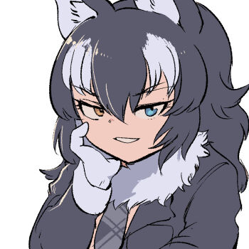 1girl animal_ears blue_eyes commentary extra_ears gloves grey_hair grey_wolf_(kemono_friends) heterochromia jacket kemono_friends long_hair looking_at_viewer mcgunngu necktie scarf simple_background solo upper_body wolf_ears wolf_girl yellow_eyes