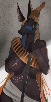 1girl breasts covering_breasts covering_privates dougaku_(passionpit777) egyptian_mythology furry furry_female groin highres large_breasts navel tagme wide_hips