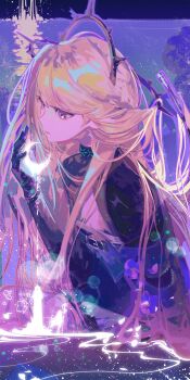 1girl absurdres arknights belt belt_buckle black_belt black_choker black_gloves black_jacket blonde_hair buckle choker closed_mouth commentary_request crescent_moon dripping expressionless gloves hair_flowing_over hair_ornament hand_up highres indigo_(arknights) infection_monitor_(arknights) jacket knees_up long_hair looking_ahead lyylinkong moon partially_submerged pink_eyes purple_theme silhouette sitting solo splashing very_long_hair