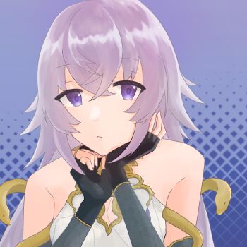 1girl artist_request bare_shoulders black_gloves closed_mouth fingerless_gloves gloves grimms_notes head_rest highres long_hair looking_at_viewer magic_mirror_(grimms_notes) purple_eyes purple_hair solo source_request