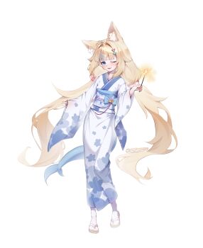 1girl ;d absurdres ahoge alternate_costume animal_ears blonde_hair blue_eyes blue_hair blue_sash blue_streaks cat_ears commentary fins fish_girl fish_tail floral_print floral_print_kimono full_body highres holding holding_fireworks indie_virtual_youtuber japanese_clothes kimono lazyfox long_hair looking_at_viewer low_twintails multicolored_hair obi one_eye_closed open_mouth print_kimono sameko_saba sandals sash simple_background smile socks solo standing streaked_hair tail twintails very_long_hair virtual_youtuber white_background white_socks white_streaks wide_sleeves zouri