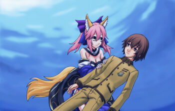 1boy 1girl absurdres afloat animal_ear_fluff animal_ears bare_shoulders blue_bow blue_dress blue_kimono blue_ribbon blurry bow breasts brown_eyes brown_hair cleavage closed_mouth commentary_request detached_sleeves dress ending eyebrows_hidden_by_hair fate/extra fate_(series) fox_ears fox_girl fox_tail hair_between_eyes highres japanese_clothes kimono kishinami_hakuno_(male) looking_at_another ribbon shadow sidelocks smile split_ponytail tail tamamo_no_mae_(fate) tsukumihara_academy_uniform_(fate/extra) type-moongundam underwater yellow_eyes