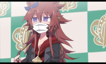 1girl animal_ears beer_hsk black_jacket blue_ribbon blurry blurry_background bow brown_hair commentary_request depth_of_field ear_ribbon hair_between_eyes hood hood_down hoodie horse_ears jacket letterboxed long_hair mask mouth_mask open_clothes open_jacket orfevre_(old_design)_(umamusume) purple_eyes red_hoodie ribbon solo step_and_repeat umamusume upper_body very_long_hair