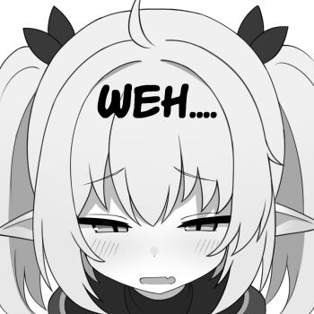 1girl ahoge blush bow elf fang hair_bow highres kura-tan_(mikoscrub) mikoscrub open_mouth original pointy_ears sad simple_background skin_fang solo twintails white_background white_hair