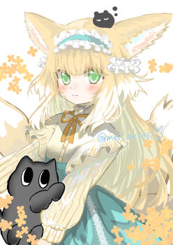 Rule 34 | 1girl, absurdres, animal, animal ear fluff, animal ears, aqua hairband, arknights, black cat, blonde hair, blue hairband, blue skirt, blush, cardigan, cat, closed mouth, commentary, cross-laced clothes, cross-laced skirt, cross-laced slit, crossover, fox ears, fox girl, fox tail, frilled hairband, frills, green eyes, hair ornament, hair scrunchie, hairband, heixiu, high-waist skirt, highres, holding, holding animal, holding cat, kitsune, kyuubi, long hair, long sleeves, looking at viewer, luo xiaohei, luo xiaohei zhanji, mei aksss, multicolored hair, multiple tails, neck ribbon, official alternate costume, on head, open cardigan, open clothes, orange ribbon, puffy long sleeves, puffy sleeves, red ribbon, ribbon, scrunchie, shirt, simple background, skirt, sleeve cuffs, solo, suzuran (arknights), suzuran (spring praise) (arknights), tail, twitter username, two-tone hair, white background, white cardigan, white hair, white shirt, yellow cardigan