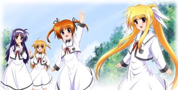 Rule 34 | 4girls, arisa bunnings, blonde hair, blue eyes, blush, diesel-turbo, fate testarossa, green eyes, hair ribbon, hairband, long hair, looking at viewer, lyrical nanoha, mahou shoujo lyrical nanoha, mahou shoujo lyrical nanoha a's, multiple girls, open mouth, orange hair, purple eyes, purple hair, red eyes, red hair, ribbon, school uniform, short hair, takamachi nanoha, tsukimura suzuka, twintails, very long hair, waving