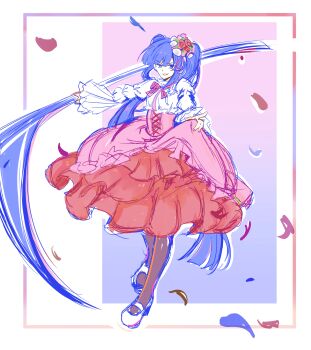 1girl absurdres blue_eyes blue_hair bow bowtie breasts brown_pantyhose chinese_commentary commentary corset dress evil_smile flower frilled_sleeves frills full_body furudo_erika gradient_background hair_flower hair_ornament high-waist_skirt highres layered_dress layered_sleeves long_hair looking_at_viewer mary_janes medium_breasts pantyhose pink_bow pink_bowtie pink_corset pink_skirt puffy_sleeves red_flower red_rose red_skirt rose shirt shoes sketch skirt skirt_hold smile solo umineko_no_naku_koro_ni user_tkdt7283 very_long_hair white_flower white_rose white_shirt white_shoes