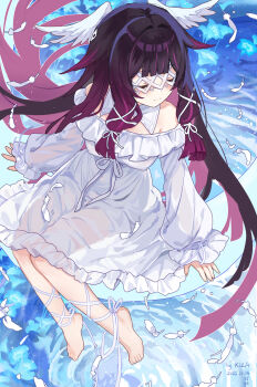 1girl absurdres alternate_breast_size_(larger) artist_name bare_shoulders barefoot black_hair blue_flower blush breasts chinese_commentary closed_eyes closed_mouth columbina_(genshin_impact) commentary_request covered_erect_nipples dated dress eye_mask flower full_body genshin_impact gradient_hair head_wings highres kkkula_(kula) large_breasts light_smile long_hair long_sleeves mask multicolored_hair off-shoulder_dress off_shoulder purple_hair solo water white_dress white_wings wings
