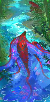 absurdres blue_scales dragon forest green_scales highres horns monster monster_focus monster_hunter_(series) monster_hunter_wilds multicolored_scales nature no_humans nslacka pink_scales rathalos rathian river tentacle_arm uth_duna wyvern