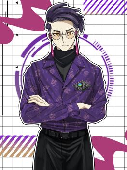 1boy absurdres belt belt_buckle black_belt black_pants black_shirt buckle closed_mouth commentary_request corbeau_(pokemon) crossed_arms frown glasses grid_background highres kakino lapels long_sleeves looking_at_viewer male_focus nintendo notched_lapels orange_eyes pants parted_hair pokemon pokemon_legends:_z-a print_shirt purple_hair purple_shirt round_eyewear shirt shirt_tucked_in short_hair solo standing turtleneck