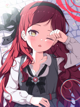 Rule 34 | 1girl, black bow, black bowtie, black hairband, blue archive, blush, bow, bowtie, collarbone, commentary request, dress, grey dress, hairband, halo, highres, long hair, long sleeves, looking at viewer, loose bowtie, lying, mikoshi (user wvyd4348), on back, one eye closed, open mouth, pinafore dress, puffy long sleeves, puffy sleeves, red hair, red halo, shirt, sleeveless, sleeveless dress, solo, takane (blue archive), triangle mouth, waking up, wavy hair, white shirt, yellow eyes