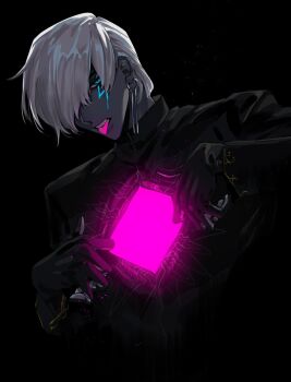 1boy arms_up black_background black_gloves black_jacket blue_eyes collared_jacket colored_skin facial_mark fate/grand_order fate_(series) gloves glowing gorilla_burning grey_skin hair_behind_ear hair_over_one_eye highres hole_in_chest hole_on_body indra_(fate) jacket lightning_bolt_facial_mark long_sleeves looking_to_the_side male_focus one_eye_covered short_hair sideways_glance simple_background solo teeth tongue tongue_out upper_body upper_teeth_only white_hair
