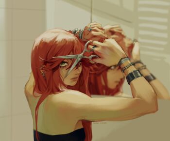 Rule 34 | bare shoulders, bracelet, casa corvo, closed mouth, cutting hair, cutting own hair, ear piercing, from behind, green eyes, hands up, highres, indoors, jewelry, long hair, looking at viewer, looking to the side, mirror, multiple rings, piercing, red hair, ring, scissors, strapless, tile wall, tiles