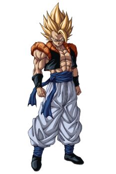 1boy abs absurdres bare_shoulders black_vest blonde_hair blue_sash clenched_hands cropped_vest dragon_ball dragonball_z full_body gogeta green_eyes highres male_focus medium_hair metamoran_vest muma_maximum76 muscular muscular_male no_shirt pants sash simple_background solo spiked_hair super_saiyan super_saiyan_1 vest white_background white_pants