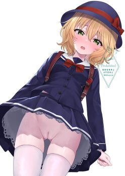1girl absurdres backpack bag blonde_hair blue_dress blush bow commission dress gluteal_fold green_eyes hat hat_bow highres idolmaster idolmaster_cinderella_girls idolmaster_cinderella_girls_u149 loli long_sleeves looking_at_viewer no_panties open_mouth pussy randoseru red_bow ri5taccia sakurai_momoka school_uniform skeb_commission solo thighhighs uncensored white_background