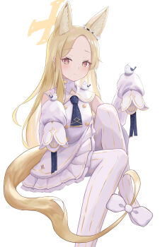 1girl absurdres animal_ear_fluff animal_ears bare_shoulders bird bird_on_hand blue_archive blush bow bright_pupils buttons closed_mouth commentary cross_halo detached_sleeves double-breasted dress extra_ears foot_out_of_frame forehead fox_ears fox_girl fox_tail frilled_dress frills halo hands_up highres kuronagasu_ir long_hair looking_at_viewer multicolored_eyes pantyhose parted_bangs pink_eyes pleated_dress seia_(blue_archive) short_dress sidelocks sitting sleeveless sleeveless_dress sleeves_past_fingers sleeves_past_wrists smile solo straight_hair striped_clothes striped_pantyhose tail two-tone_eyes vertical-striped_clothes vertical-striped_pantyhose very_long_hair white_bow white_dress white_pantyhose white_pupils wide_sleeves yellow_eyes yellow_halo