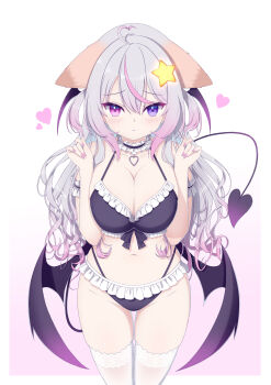 1girl absurdres ahoge animal_ears annytf armband bat_wings black_bra black_choker black_panties bra breasts choker cleavage closed_mouth collarbone commentary cowboy_shot demon_tail fingernails fox_ears fox_girl frilled_armband frilled_bra frilled_choker frills gradient_background gradient_hair grey_hair hair_between_eyes hair_ornament hands_up heart heart_ahoge heart_choker heterochromia highres indie_virtual_youtuber lace lace-trimmed_thighhighs lace_trim large_breasts long_hair microskirt multicolored_hair nail_polish navel necktie panties pink_background pink_eyes pink_hair pink_necktie pink_streaks purple_eyes sandasutomu simple_background skirt solo standing star_(symbol) star_hair_ornament stomach streaked_hair tail thighhighs two_side_up underwear virtual_youtuber wavy_hair white_background white_choker white_thighhighs wings