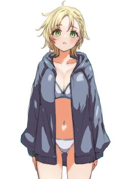 1girl ahoge bikini bikini_under_clothes blonde_hair blush braid braided_bangs breasts childhood_friend_(ukitaryu) cleavage closed_mouth commentary_request cowboy_shot gluteal_fold green_eyes highres hood hoodie large_breasts light_frown looking_at_viewer navel original short_hair simple_background single_braid sketch solo straight-on swimsuit tareme ukitamilk white_background