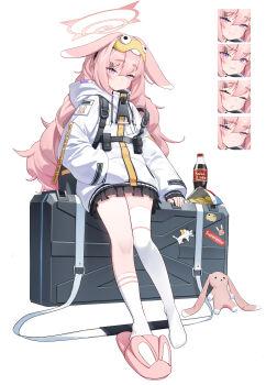 1girl :&lt; :/ absurdres ammunition_pouch animal_ears animal_slippers asymmetrical_legwear bag_of_chips black_skirt bottle chest_harness chips_(food) clenched_teeth closed_eyes commentary drooling english_text fake_animal_ears fluffy_hair food grin guegue hair_between_eyes hair_ornament hairclip halo hand_in_pocket harness highres hood hood_down hooded_jacket jacket long_hair long_sleeves looking_at_viewer miniskirt mismatched_legwear mouth_drool multiple_expressions original pink_hair pink_halo pleated_skirt potato_chips pouch puffy_long_sleeves puffy_sleeves purple_eyes rabbit_ears single_slipper single_sock single_thighhigh skirt sleeves_past_wrists slippers smile socks soda_bottle sticker stuffed_animal stuffed_rabbit stuffed_toy teeth thighhighs uneven_legwear very_long_hair weapon_case white_background white_jacket white_socks white_thighhighs zipper_pull_tab