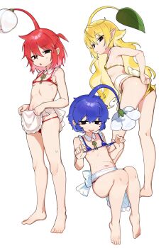3girls absurdres adjusting_clothes apron bare_legs barefoot bikini bikini_bottom_pull bikini_top_pull black_eyes blonde_hair blue_bikini blue_hair blue_pikmin breasts closed_mouth collar detached_collar feet flower frilled_apron frilled_bikini frills from_behind full_body hair_between_eyes highres hufy invisible_chair leaf loli long_hair looking_at_viewer looking_to_the_side medium_hair micro_bikini multiple_girls navel nintendo open_mouth personification pikmin_(series) red_bikini red_hair red_pikmin short_hair simple_background sitting small_breasts solid_circle_pupils standing stomach sweat swimsuit toes triangle_mouth turning_head waist_apron white_apron white_background white_collar white_flower yellow_pikmin