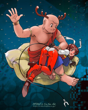 1990s_(style) 1boy 1girl anklet antlers armlet ass bald bangle barefoot bean_bag_chair bent_over bindi blue_background blush bodysuit boots bracelet brown_eyes brown_hair cameltoe feet from_behind full_body gloves headband hetero high_heels holding_another's_wrist horns jewelry long_earlobes looking_back open_mouth plug_cryostat red_bodysuit red_sash restrained retro_artstyle sash shibata_masahiro shoes skin_tight soles spandex spanking toes topless_male