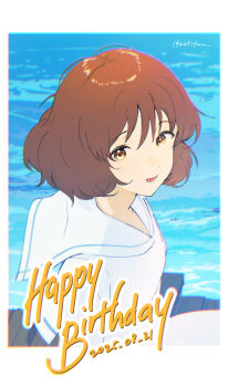 1girl brown_eyes brown_hair dock dress hibike!_euphonium highres looking_at_viewer ocean open_mouth oumae_kumiko outdoors ratifuu sailor_collar sailor_dress shirt short_hair smile solo upper_body water white_dress white_sailor_collar