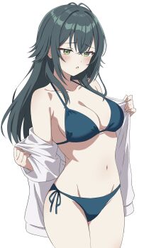 Rule 34 | 1girl, :o, antenna hair, bikini, blue bikini, blush, breasts, cleavage, collarbone, commentary, cowboy shot, crossed bangs, daichi777zz, dot nose, gakuen idolmaster, green eyes, green hair, hair between eyes, hair flaps, halterneck, hands up, highres, idolmaster, jacket, large breasts, long hair, long sleeves, looking at viewer, navel, off shoulder, open clothes, open jacket, parted lips, raised inner eyebrows, side-tie bikini bottom, sidelocks, simple background, solo, stomach, string bikini, swimsuit, tsukimura temari, undressing, white background, white jacket