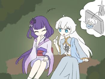 Rule 34 | 2girls, ahoge, alternate costume, alternate eye color, alternate universe, asmoday (genshin impact), blue eyes, blue robe, blunt bangs, chibi, closed eyes, commentary, couple, english commentary, fan hair ornament, genshin impact, grass, green background, hair between eyes, hair ornament, hand up, happy, highres, index finger raised, japanese clothes, kabuno misoshiru, kimono, laughing, leaning to the side, long hair, long sleeves, makoto (genshin impact), mixed-language commentary, multiple girls, open mouth, outdoors, purple kimono, red sash, robe, sash, sitting, smile, star-shaped pupils, star (symbol), symbol-shaped pupils, upper body, white hair, wide sleeves, yuri