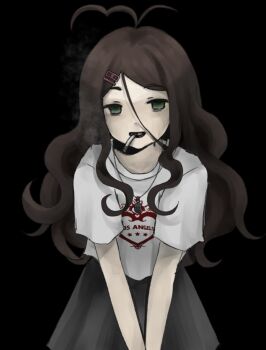 ahoge black_background black_skirt brown_hair cigarette empty_eyes heart-shaped_ahoge highres jewelry mydnam.art necklace original shirt simple_background skirt smile smoking smoking_cigarette wavy_hair white_shirt