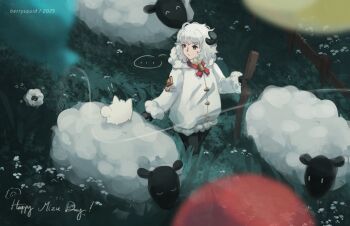 ... 2025 artist_name baby_animal balloon berrysquid black_gloves black_horns black_leggings borrowed_character bow bowtie closed_mouth coat commentary dog english_commentary expressionless fence field fur-trimmed_hood fur-trimmed_sleeves fur_trim gloves grass grey_eyes happy_birthday highres holding holding_staff hood hood_down hooded_coat horns leggings light_frown long_hair long_sleeves looking_at_another messy_hair neck_ribbon original puppy red_ribbon ribbon sheep sheep_girl sheep_horns spoken_ellipsis staff standing sweater turtleneck turtleneck_sweater watermark white_coat white_dog white_hair white_sweater