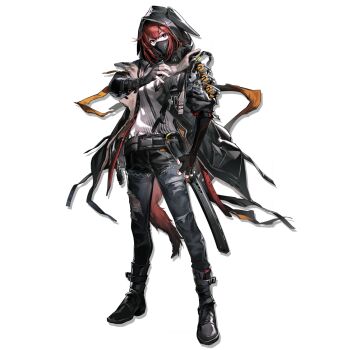 1girl animal_ear_hood arknights armband belt black_mask boots covered_mouth crownslayer_(arknights) denim drop_shadow elbow_gloves fake_animal_ears fingerless_gloves floating_clothes full_body gloves hand_on_own_chest highres hood hood_up hyena_tail jacket jeans mask mouth_mask official_art open_clothes open_jacket orange_armband pants patchwork_clothes red_eyes red_hair scabbard sheath sheathed shirt short-sleeved_jacket short_sleeves tachi-e tail torn_clothes torn_pants transparent_background white_shirt zhili_xingzou