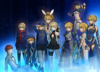 Rule 34 | 1boy, 6+girls, ahoge, animal ears, are you my master, armor, armored dress, artoria caster (fate), artoria caster (second ascension) (fate), artoria pendragon (fate), artoria pendragon (lancer) (fate), artoria pendragon (swimsuit archer) (fate), artoria pendragon (swimsuit ruler) (fate), bare back, bare shoulders, baseball cap, belt, bikini, black-framed eyewear, black bow, black headwear, black jacket, black one-piece swimsuit, black pantyhose, black shorts, black thighhighs, blonde hair, blue belt, blue cape, blue capelet, blue gloves, blue headwear, blue jacket, blue legwear, blue leotard, blue neckwear, blue scarf, blue serafuku, bow, bowtie, braid, breasts, cape, capelet, casino card table, cleavage, cleavage cutout, clothing cutout, coat, commentary request, detached collar, dress, duffel coat, emiya shirou, fake animal ears, fate/grand order, fate/stay night, fate (series), feather boa, fishnet legwear, fishnets, fringe trim, glasses, gloves, green eyes, hair between eyes, hair ribbon, hair through headwear, hat, highleg, highleg leotard, highres, holding, holding staff, homurabara academy school uniform, hood, hooded coat, jacket, jewelry, large breasts, leotard, long hair, low ponytail, medium breasts, multicolored cape, multicolored capelet, multiple girls, multiple persona, mysterious heroine x (fate), mysterious heroine x alter (fate), mysterious heroine xx (fate), navel cutout, none (kameko227), o-ring, o-ring belt, one-piece swimsuit, open clothes, open coat, open jacket, orange hair, over-kneehighs, pantyhose, plaid clothes, plaid scarf, playboy bunny, poker chip, poker table, ponytail, prydwen (fate), rabbit ears, red scarf, ribbon, saber (fate), saber alter, saber alter (swimsuit rider), santa hat, scarf, scene reference, school uniform, semi-rimless eyewear, serafuku, short hair, shorts, shrug (clothing), sidelocks, staff, striped belt, swept bangs, swimsuit, table, thighhighs, thighlet, tiara, track jacket, twinmyniad (fate), under-rim eyewear, water gun, white bikini, white leotard, wrist cuffs, yellow eyes